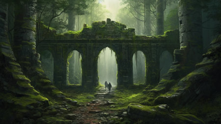 this digital painting showcases a stunning cyberpunk-inspired fantasy world, featuring atmospheric woodland imagery in shades of green and emerald. the style of romantic ruins is evident in the medieval architecture, while the use of digital art techniques creates a unique and modern twist. with a resolution of 32k uhd, this piece is a true masterpiece of history painting, reminiscent of the die brucke movement. aiの素材