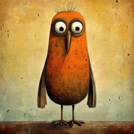 the orange bird with big eyes and big teeth is captured in a surrealistic style against a highly textured background with muted tones. this humorous caricature is a stunning example of character studies and showcases the beauty of 2d art. this photo is a must-see on flickr. ai generatedの素材