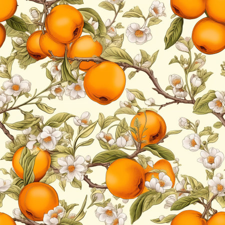 this seamless pattern features a hyperrealistic illustration of kiwifruit and flowers in a rococo extravagance style. the light orange and white color scheme is digitally enhanced, and the design is reminiscent of american prints from 1880-1950. cherry blossoms add a delicate touch to the overall composition. ai generatedの素材