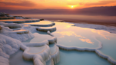 the mahuliyet tasarrufi thermal springs are captured in this photo with a realistic landscape style, featuring soft edges and dreamlike hues of white and amber. the image is enhanced with focus stacking, creating a biblical grandeur that is influenced by mythological themes. the sun-kissed palettes add to the overall beauty of this stunning natural wonder. ai generatedの素材