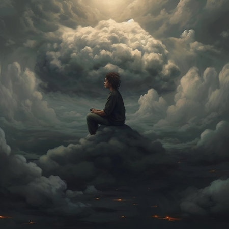 young girl sitting on clouds in a rain cloud, reminiscent of noah bradley's style. this optical illusion painting, with its dark gray tones, showcases the influence of zen buddhism. the highly detailed illustration, in stunning 8k resolution, captivates with its contrast of light and dark. ai generatedの素材