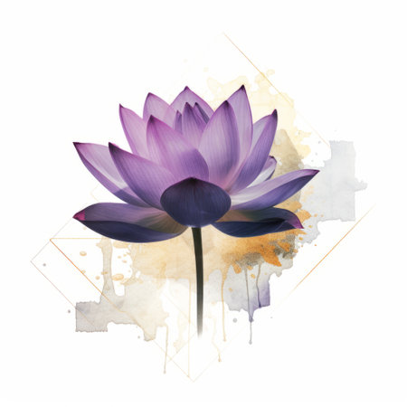 purple lotus flower on a white background, inspired by florian nicolle's style. this uhd image showcases the mesmerizing combination of light indigo and dark gold hues. the illusory compositions are layered and complex, following the golden ratio. ai generatedの素材