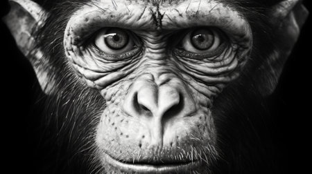 the chimpanzee portrait captures the essence of the animal's personality with stunning photo-realistic techniques. the black and white photography in the style of conceptual realism creates a distinctive image that is both surreal and hyperrealistic. this high-quality photo, reminiscent of national geographic, showcases the beauty and complexity of the chimpanzee in a digital surrealism style. ai generatedの素材