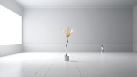 yellow flower in a vase on a white background, presented in a human form perspective rendering. the minimalistic landscape is rendered in cinema4d with a dark white and light cyan color scheme. this inspirational photo is perfect for those seeking a simple yet elegant aesthetic. keywords: yellow flower, vase, white background, human form perspective rendering, minimalistic landscapes, cinema4d, dark white, light cyan, inspirational. ai generatedの素材