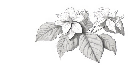 a plant with beautiful flowers is depicted in this drawing, created in the style of ambient occlusion. the artwork showcases detailed botanical illustrations with frontal perspective, precisionist lines, and detailed shading. the use of leica cl adds to the precision and clarity of the image. keywords: plant, flowers, ambient occlusion, botanical illustrations, frontal perspective, precisionist lines, detailed shading, leica cl. ai generatedの素材