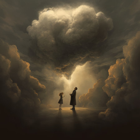two people stand in the middle of the sky, surrounded by a storm cloud in this detailed fantasy art. the image captures a sense of childlike wonder with its subtle use of light and shadow, reminiscent of golden age illustrations. this uhd image showcases extraordinary juxtapositions and childlike illustrations. ai generatedの素材