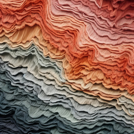 paper color gradient captured in organic formations and topographic photography style. diverse and saturated color palette with dusty piles. focus stacking technique used to showcase unexpected fabric combinations. ai generatedの素材