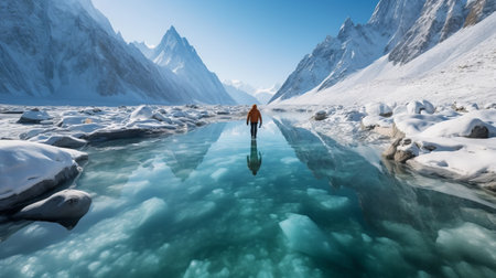 a woman stands in the water, surrounded by snow-capped mountains in a photo-realistic landscape style reminiscent of filip hodas and dimitry roulland. the sharp perspective angles and uhd image capture the beauty of the scene, with light teal and amber tones adding to the stunning visual. this national geographic photo is a breathtaking example of nature's majesty. ai generatedの素材