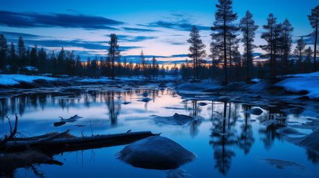 frozen creek with white ripples captured in uhd image using tokina at-x 11-16mm f2.8 pro dx ii lens. the serene pastoral scene is reminiscent of tove jansson's style, with dark blue and light blue hues merging into light orange and dark azure colors, resembling richly colored skies. ai generatedの素材