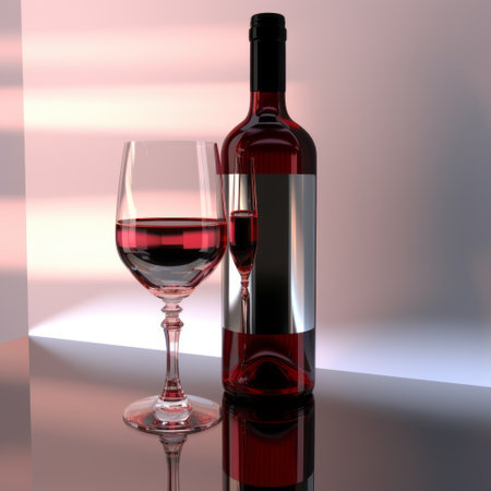 a wine bottle is placed inside a champagne glass on a 3d model of a glass of wine. the image showcases a backlight style with a light crimson hue and high-contrast shading. the photo has a matte finish, sleek metallic appearance, and features beautiful color gradients. ai generatedの素材
