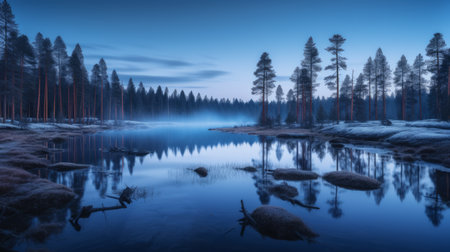 forest on a lake during the afternoon, captured in the style of mikko lagerstedt. the image showcases a beautiful blend of light blue and dark azure hues, with impressive panoramas, reflections, and mirroring. the tokina at-x 11-16mm f28 pro dx ii lens used for the shot adds to the overall clarity and sharpness of the image. the work of nicholas roerich and theodor kittelsen isの素材