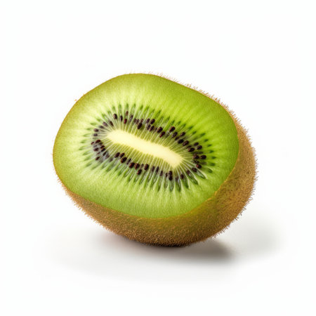 cut off white kiwi fruit with intense coloration is captured in a matte photo on a white surface. the high-key lighting style highlights the rounded shape of the fruit. the image is reminiscent of the works of zbrush and do ho suh. keywords: kiwi fruit, high-key lighting, zbrush, do ho suh, matte photo, intense coloration, rounded. ai generatedの素材