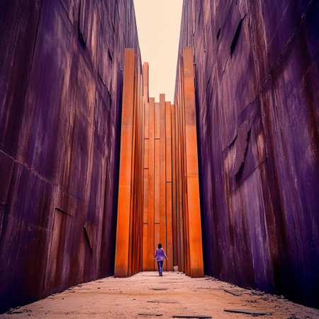 a person walks through a group of orange metal panels in the style of dark violet and brown. the monumental architecture and abandoned spaces create a striking backdrop for this national geographic photo. the bold colorful lines and uhd image capture the monumental forms in vivid detail. ai generatedの素材