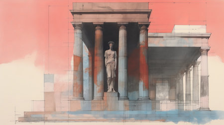 archetype of the acropolis design in conrad roset style featuring intensely colorful figuration and detailed architectural elements. the composition is hyperrealistic with a bay area figurative art influence, showcasing a light red and aquamarine color scheme. david brayne's influence is evident in the intricate and precise execution of the design. ai generatedの素材