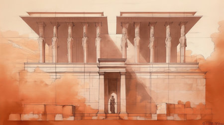 the neoclassical-style drawing showcases a stunning large building in vibrant colors, reminiscent of mycenaean art. the use of redscale film adds a touch of traditional animation, while the clean and streamlined design is accentuated by subtle shading. the overall effect is one of biblical drama, making this artwork a true masterpiece. ai generatedの素材