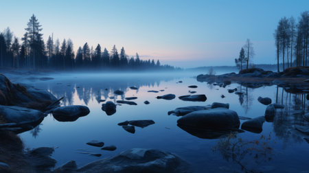 the photo features a tree reflected in water, with a light sky-blue and dark gray color scheme. the soft mist adds to the romanticized depiction of wilderness, showcasing the essence of norwegian nature. captured with a tokina at-x 11-16mm f2.8 pro dx ii lens, this photo is perfect for impressive panoramas. ai generatedの素材