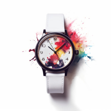 a white rubber watch featuring large colorful splashes on the wrist, inspired by photorealistic still lifes and simple, colorful illustrations. this advertisement-inspired watch is skillfully composed with a rim light, making it a perfect accessory for any fashion-forward individual. made of durable rubber, this watch is both stylish and practical. ai generatedの素材