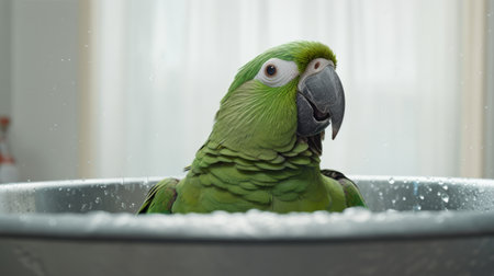 green parrots with wet heads are captured in this commercial-style imagery. the photo showcases petcore and narrative-driven visual storytelling. the use of vray and digital enhancement creates a hyper-realistic effect, while the flat and bold colors of the parrots contrast with the detailed and lifelike water droplets. ai generatedの素材