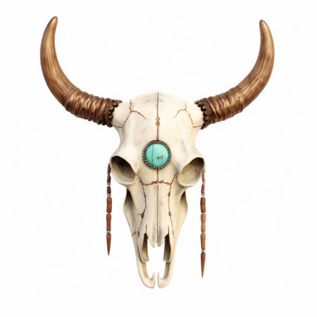 skull in the style of native american skulls, adorned with turquoise indian beads, is a hyperrealistic animal portrait. the artwork draws inspiration from bill traylor, martin stranka, cowboy imagery, aries moross, and concept art. the skull is beautifully decorated with light gold and sky-blue colors, making it a stunning piece of art. ai generatedの素材
