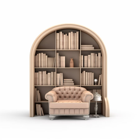 the chair in this stock photo is placed by an arched bookcase, creating a surprisingly absurd yet humorous imagery. the realistic rendering of the sculptural installations in the luxurious interiors is highlighted by the eco-friendly craftsmanship. the style of light pink and dark beige adds to the overall aesthetic appeal of the photo. ai generatedの素材