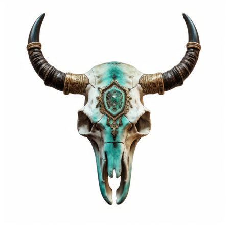 skull with turquoise and horns: a realistic painted still life of a skull covered in turquoise and horns, featuring layered imagery with subtle irony. the dark white and bronze colors give an aztec art vibe, while the white background and style of the ivory coast and medieval art add to its uniqueness. ai generatedの素材
