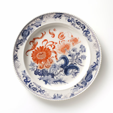 blue and white plate with an intricate orange, blue, and yellow flower design in the style of william hogarth and sebastian errazuriz. the tabletop photography showcases the plate's elaborate borders in light red and light indigo against a white background. the design also features a manticore. ai generatedの素材