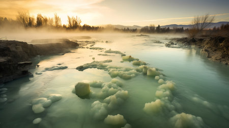 a river at sunrise, with a surreal and otherworldly atmosphere. the photo showcases a blend of light yellow and turquoise hues, creating an organic and mesmerizing scene. the unique technique of schlieren photography captures the river's melting pots and terragen-like formations. the image exudes a cold and detached atmosphere, adding to its captivating appeal. ai generatedの素材