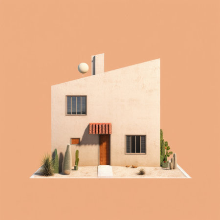 a 4d digital house featuring succulents on the walls. the house is designed in a light orange and light beige color scheme, reminiscent of bauhaus photography. the landscape surrounding the house is inspired by mediterranean landscapes, while the interior showcases photographically detailed portraitures. the design incorporates bold lines and contrasts, with a muted palette that creates a crisp and clean aesthetic. ai generatedの素材
