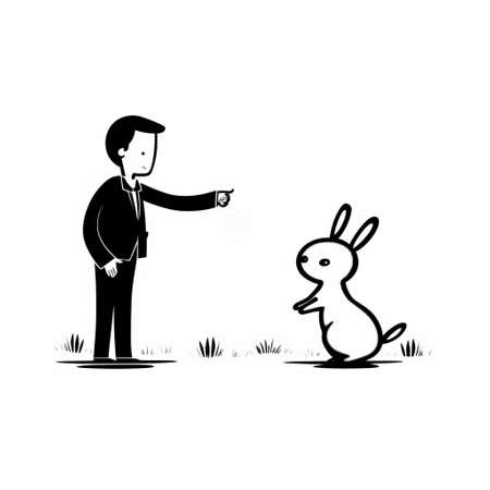 a man in a suit walks with a rabbit on a leash, creating an illustrative storytelling scene. the graphic black and white style adds simplicity to the colorful illustrations. this image captures the essence of storytelling, animation, and realist accuracy, offering interactive experiences. ai generatedの素材
