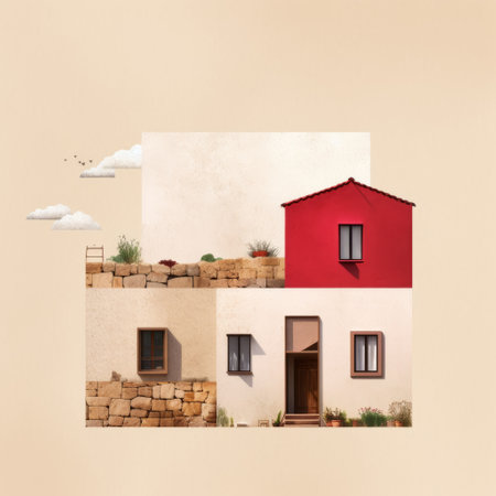 a modern house design featuring a green roof and red shutters, inspired by surreal collage landscapes and mediterranean scenery. the color palette includes light red and light beige, creating a depiction of rural life. this 32k uhd image showcases muted tones and minimalistic forms, adding a touch of surrealism to the overall aesthetic. ai generatedの素材