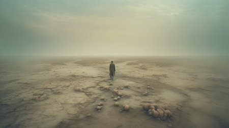 a silhouette of a man walking in a vast desert, featuring muted tones and surrealistic elements reminiscent of artists such as anton semenov and elizabeth gadd. the image showcases surreal 3d landscapes with irregular organic forms, evoking a poignant atmosphere. the style also draws inspiration from anton mauve's artistic approach. ai generatedの素材