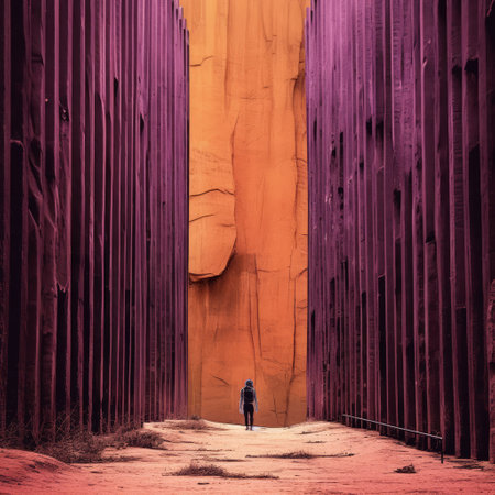 a photo by photographer daniel lahsler captures people on train tracks, showcasing saturated color fields in dark magenta and orange. the image is in uhd quality and features columns and totems against naturalistic landscape backgrounds. the composition is reminiscent of bryce 3d with texture-rich landscapes. ai generatedの素材