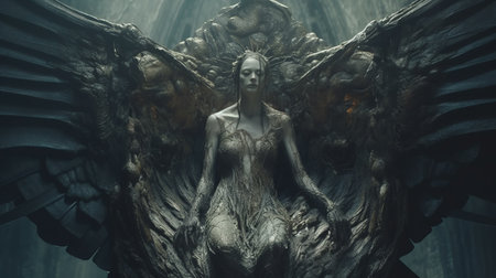 a woman with large dragonfly wings perched on a white surface, showcasing the distinct style of eve ventrue. the image features distorted and exaggerated human figures, cinematic sets, and ethereal trees. jarosaw janikowski's dark proportions are evident in the intricate costumes worn by the woman. ai generatedの素材