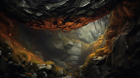 a surrealistic fantasy landscape in crysis 3 texture, featuring dark orange and dark amber hues. this ethereal landscape showcases conceptual digital art with mountainous vistas and organic nature-inspired forms. the image is rendered in 32k uhd resolution, providing stunning detail and clarity. ai generatedの素材