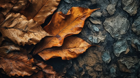 a brown oak leaf rests on a tree trunk, creating a dark and moody still life. the scattered composition showcases the leaf's rich dark gold and orange hues, blending seamlessly with the earth tones of the surroundings. this close-up captures a narrative-driven visual storytelling, reminiscent of site-specific artworks. ai generatedの素材