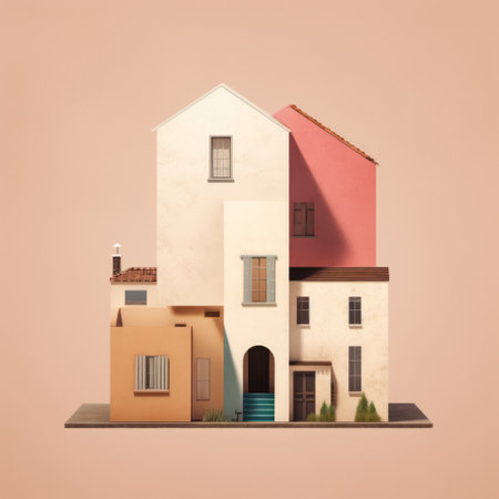 spooky houses in the city of bogota are depicted in these illustrative illustrations. created in the style of sculptural geometry, the houses feature a combination of light beige and pink tones. rendered in cinema4d, these mediterranean-inspired artworks capture the nostalgic rural life of bogota. with their asymmetric balance and adherence to the golden ratio, these illustrations showcase the unique charm of the city's spooky houses.の素材