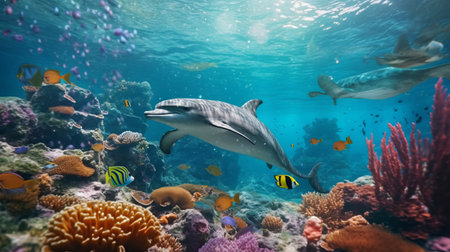 dolphins swimming near a vibrant coral reef surrounded by a variety of colorful fishes. this photorealistic representation by chad knight captures the beauty of marine life. the use of the wimmelbilder technique and the sabattier filter enhances the sharpness and vividness of the colors. the matte finish of the photo adds a touch of elegance, reminiscent of xbox 360 graphics. ai generatedの素材
