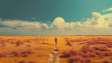 an orange cloud hovers over an isolated field with grass, creating a surreal and retro-futuristic cyberpunk atmosphere. the photographically detailed portraitures and photo-realistic landscapes capture the essence of this unique style. the surreal human figures blend seamlessly with the realistic color palette, while the matte painting technique adds depth to the image. shot with a leica r3, this photo is a stunning example of theの素材
