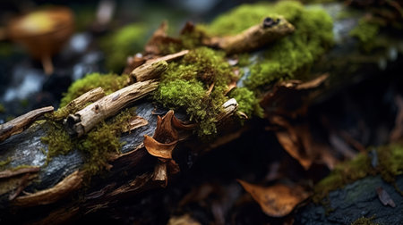 a close-up portrait of a mossy tree trunk in autumn, captured in the style of laura makabresku. this stunning image showcases the intricate details of the tree's texture and the vibrant colors of the surrounding foliage. shot with a zeiss batis 18mm f2.8 lens, this wildlife photography piece combines still life focus, high contrast shots, and tilt-shift techniques to create a mesmerizing composition reminiscent ofの素材