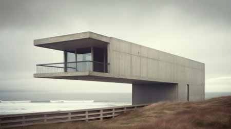 a concrete structure in the middle of the ocean showcases the delicate rendering of landscapes in the vintage modernism style by olivier valsecchi. this captivating photograph captures the stunning suffolk coast views, highlighting the grandiose architecture and modern design of the structure amidst a realistic and breathtaking scenery. ai generatedの素材