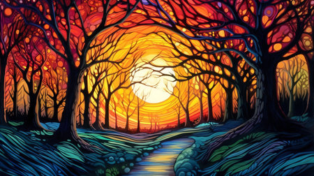 julia rshinsky's painting captures a mesmerizing sunset in a yellow autumn forest. the forest path is depicted in a psychedelic illustration style, with dark crimson and cyan hues resembling stained glass. the artwork showcases detailed backgrounds and a luminosity that brings the water to life. julia's vibrant and extremely detailed art creates a captivating visual experience. ai generatedの素材