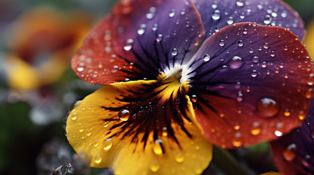 purple pansy flower with water droplets, showcasing vibrant yellow and red hues. this national geographic photo captures the delicate beauty of nature, enhanced by the contrasting silver and orange tones. the matte finish adds a touch of elegance, highlighting the blink-and-you-miss-it details and intricate patterns found in nature. an associated press photo that celebrates the wonders of the natural world. ai generatedの素材