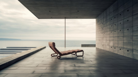 a large chaise lounge, embodying the essence of conceptual minimalism and brutalist architecture, sits gracefully in an open space overlooking the vast ocean. the dramatic atmospheric perspective enhances the spatial concept, while the leatherhide material adds a touch of elegance. the sabattier filter adds a unique artistic flair, creating a visually captivating scene with a classical balance. ai generatedの素材