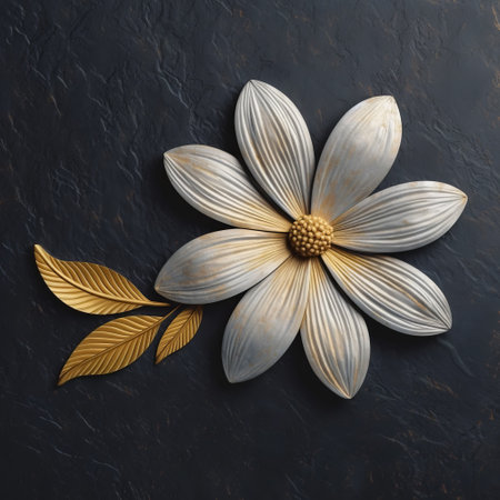white and silver wooden flower on a dark background, featuring a beautiful and realistic painted still life. the flower is crafted in the style of dark gray and dark gold, with organic stone carvings. the color palette includes shades of yellow and bronze, creating a luxurious wall hanging. the combination of dark silver and light orange adds a harmonious balance to the overall composition. aiの素材