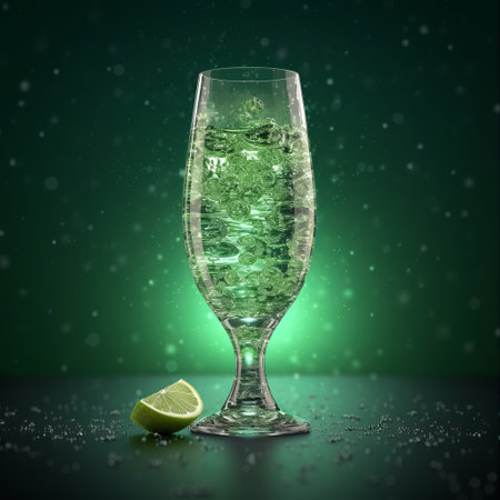 a glass of water and lime slice placed on a black background. this hyper-realistic sci-fi inspired image creates a festive atmosphere with its sparklecore elements. the light emerald hues add a touch of elegance. rendered in maya, the image showcases intricate textures, making it perfect for advertisement inspiration. ai generatedの素材