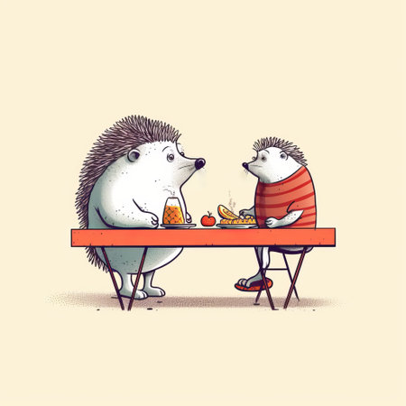 two hedgehogs, in a surreal comic scene, are captured by gediminas pranckevicius, known for his charming illustrations. these candid shots showcase the hedgehogs enjoying each other's company while eating food. the color palette includes dark white and light orange, as well as light yellow and red, creating lively and captivating tableaus. ai generatedの素材