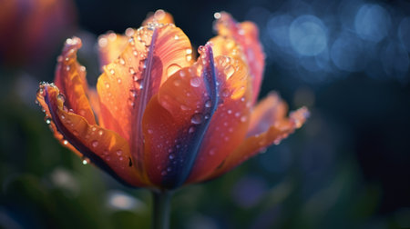 water droplet on tulip in morning with grass below. the photo captures the vibrant colors of the flower, with a mix of light navy and amber hues. it evokes a sense of colorful dreams, reminiscent of a national geographic photo. the image showcases digital art techniques, with a dark aquamarine and orange palette. this uhd image is a stunning display of light amber and pinkの素材