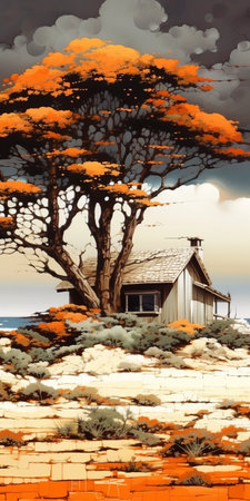 the isolated house on top of a tall orange tree captures the essence of jim burns' majestic and sweeping seascapes, as well as martin ansin's rustic americana. the high contrast compositions and airbrush art techniques add to the allure of this serene oceanic vista. ai generatedの素材