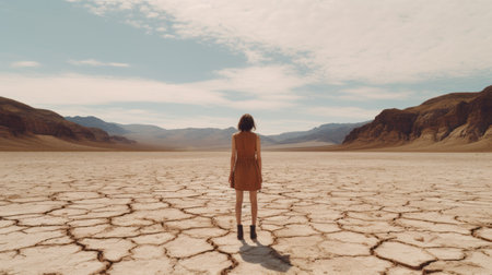 a woman stands in a dry desert, showcasing a surreal introspection. this captivating photograph, shot in 8k resolution, captures the essence of taylor wessing's adventure-themed collection. the image beautifully depicts trapped emotions, while the contrasting elements of long distance and deep distance create a mesmerizing blend of metropolis and nature. ai generatedの素材