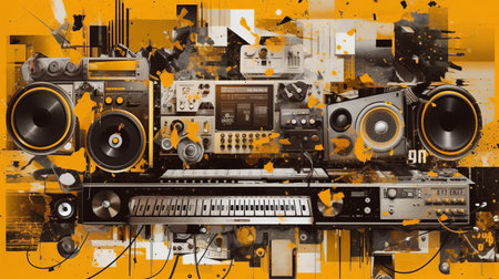 an abstract photograph of a modern music production background, featuring graffiti-inspired illustrations in orange and beige. the image showcases a toycore aesthetic with a cluttered composition, incorporating elements of sfumato. the scene is reminiscent of murals and wall drawings, with a touch of gadgetpunk influence. ai generatedの素材